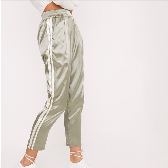 PrettyLittleThing Pants - Sage Satin Track Pants